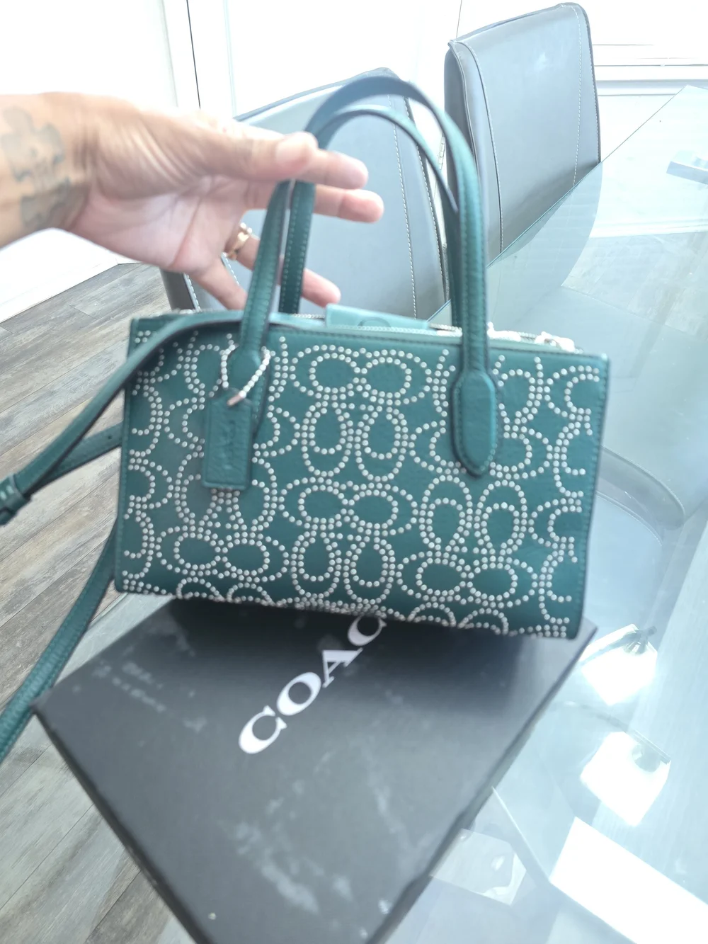 COACH Green Studded Signature Leather Tote - Picture 5 of 8